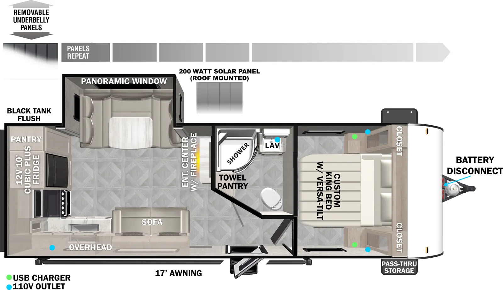 The 253RKXL has one entry and one slideout. Exterior features front pass-through storage, battery disconnect, and 17 foot awning. Interior layout front to back: queen bed with closets on each side; off-door side full bathroom with linen closet; entry door; entertainment center with fireplace along inner wall; off-door side slideout with u-dinette and panoramic window; door side sofa with overhead cabinet; door side kitchen counter with sink and overhead cabinet wrap to rear with cooktop, oversized refrigerator, and pantry.